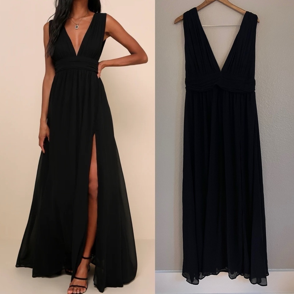 Lulu's Black V-Neck Maxi Dress with Side Slit